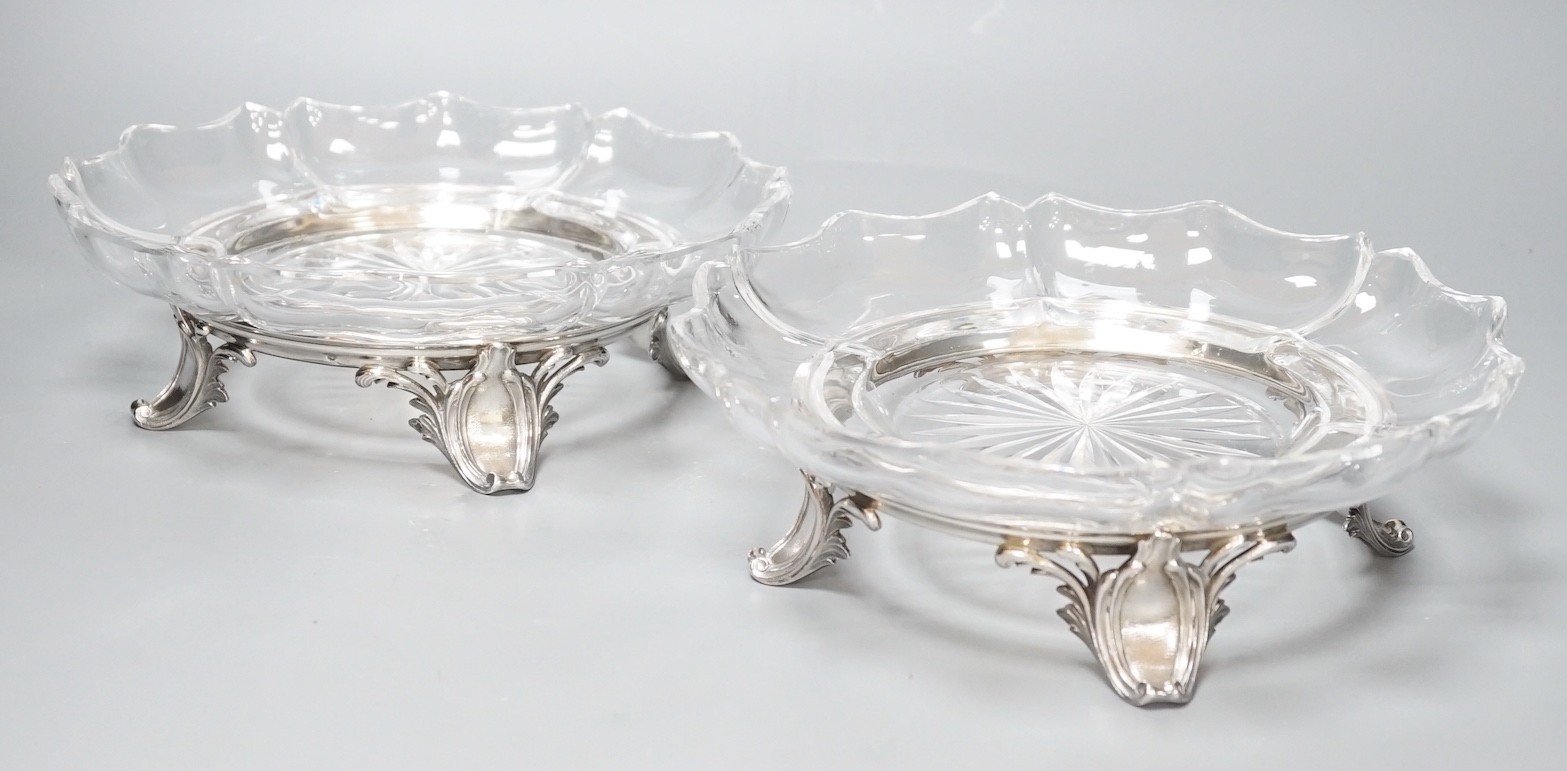 A pair of early 20th century French 950 standard white metal stands and glass dessert dishes, by Risler, dish diameter 16.8cm, metal weight 23oz.